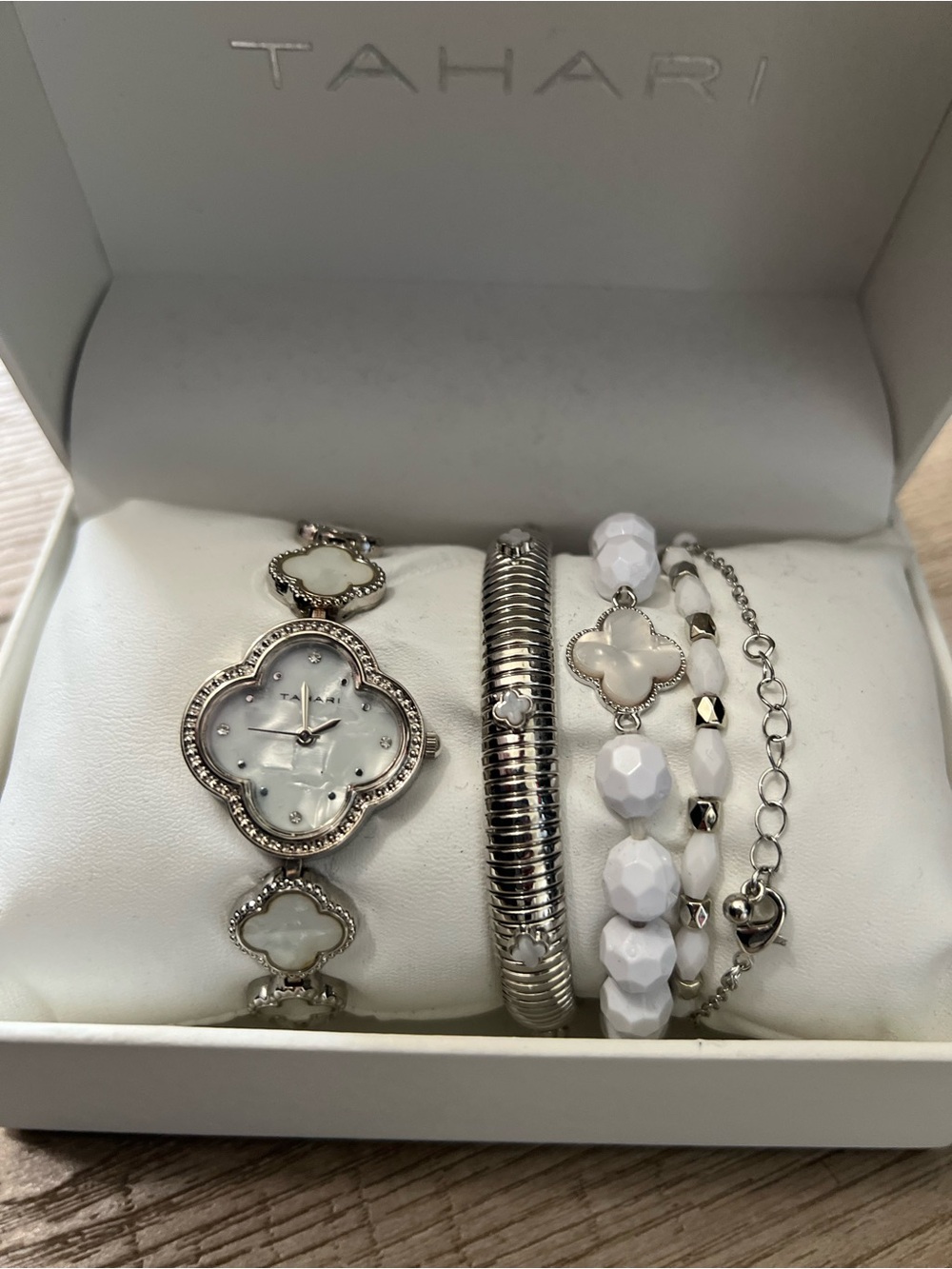 Tahari Elegant White Mother-of-Pearl Clover Watch & Bracelet Set